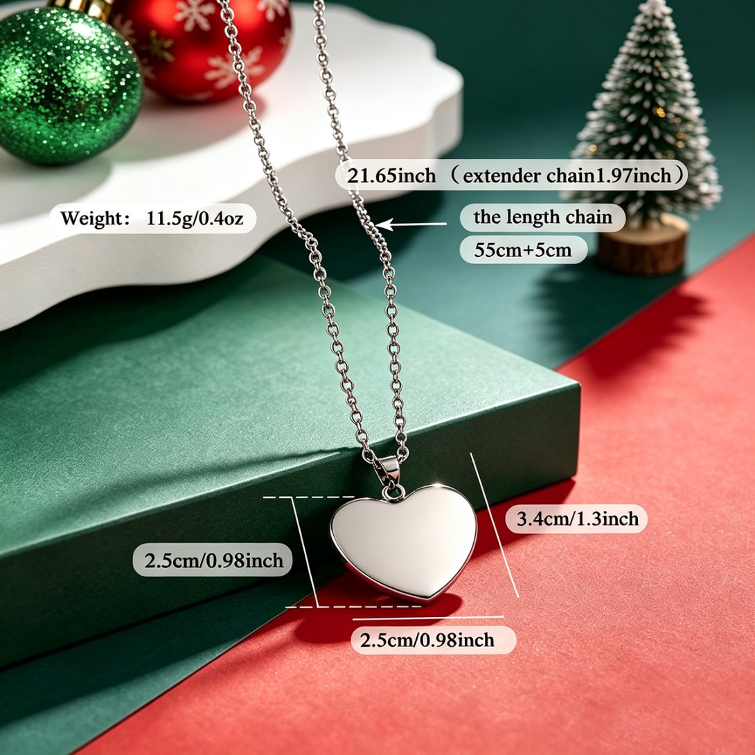 Heart Pendant Stainless Steel Necklace with Christmas Pattern